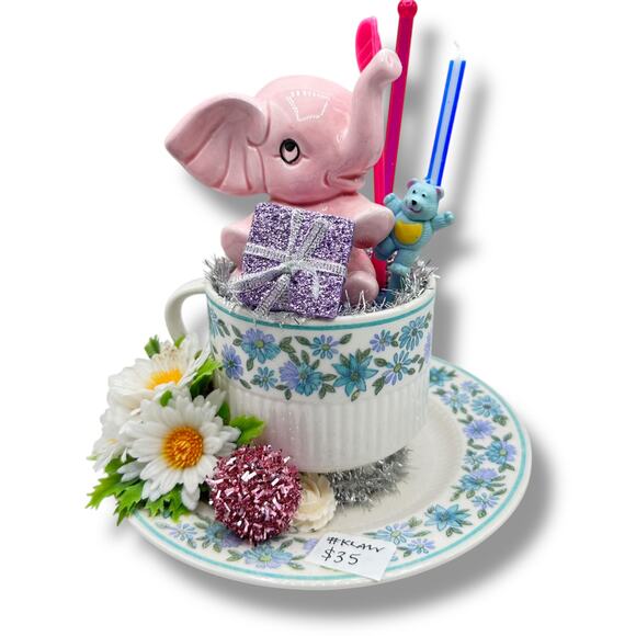 Birthday Pink Elephant Assemblage Decor - tea cup and florals - Picture 1 of 9